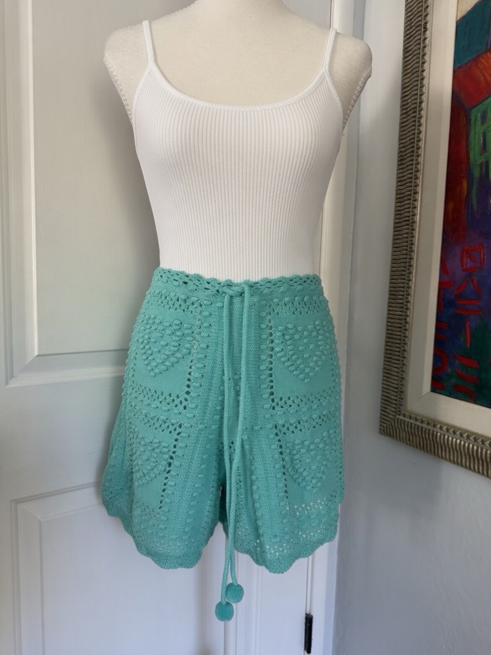93- NWT FARM Rio Mint Green Crochet Drawstring High-Waist Shorts